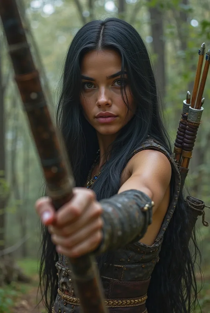 Beautiful amazon hunter with bow and arrow in the woods, long black hair, light fair complexion skin, hazel brown eyes, symmetrical features, angelic features, facing camera, proportion face features, proportion body, proportion limbs, proportion fingers, ...