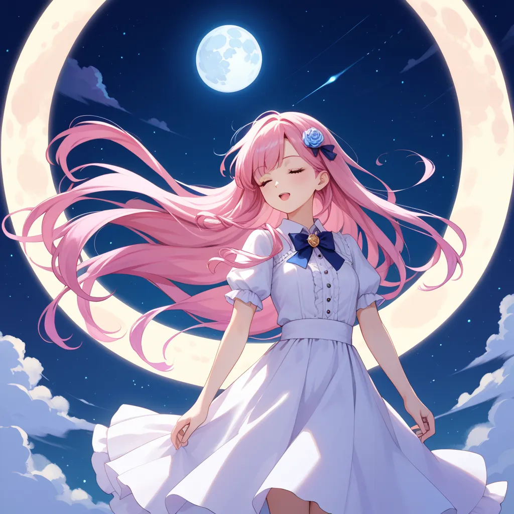  1 girl 、pink hair near MM、long hair、close your eyes、 opens his mouth slightly、full moon night、gorgeous、white collared blouse 、white knee-length long skirt