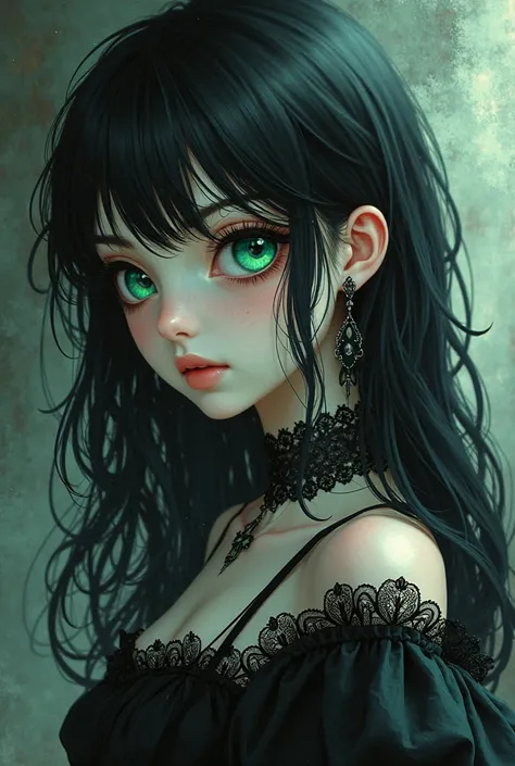 White girl with long wavy black hair with fringe, green eyes, Gothic would be in the comic or anime style 