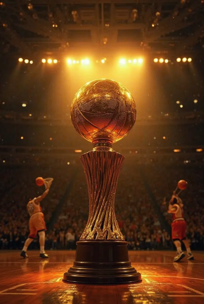 "A powerful and dynamic basketball scene, dominated by bold black, orange, and gold tones. At the center, a shining championship trophy stands as the ultimate symbol of victory, reflecting the bright arena lights. The background captures the intensity of t...