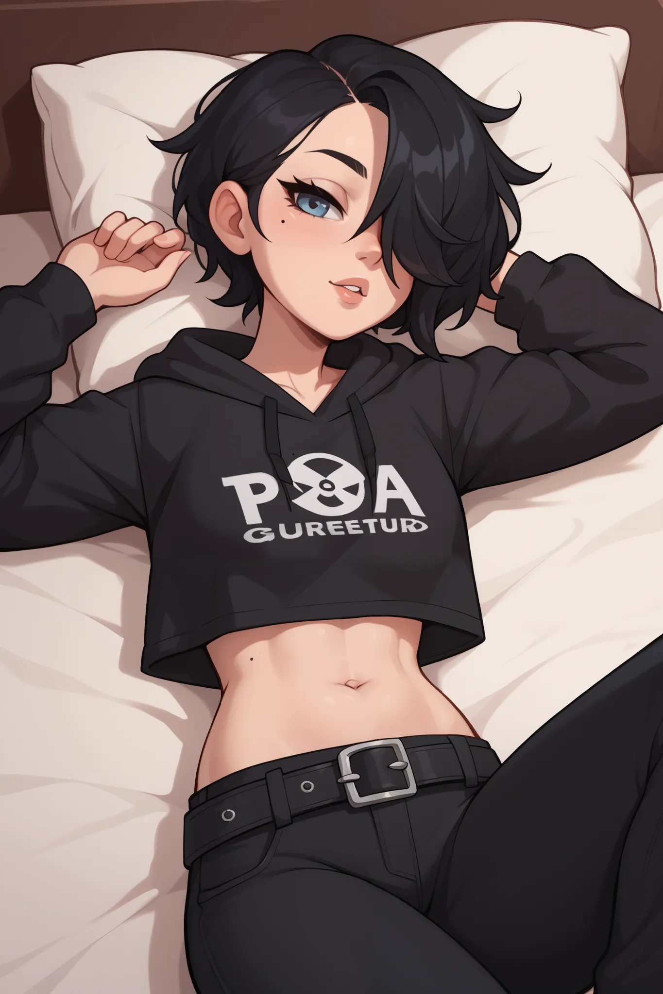 Solo, Girl with short black hair, hair over one eye, black cropped hoodie, midriff, navel, black pants, belt, mole, laying in bed