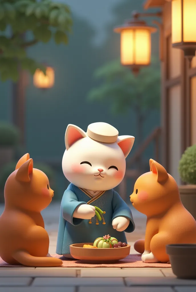 a small white cat with blue prayer dress and white prayer cap sitting together with some orange cats, peacefully eating under a soft glow of the streetlights.