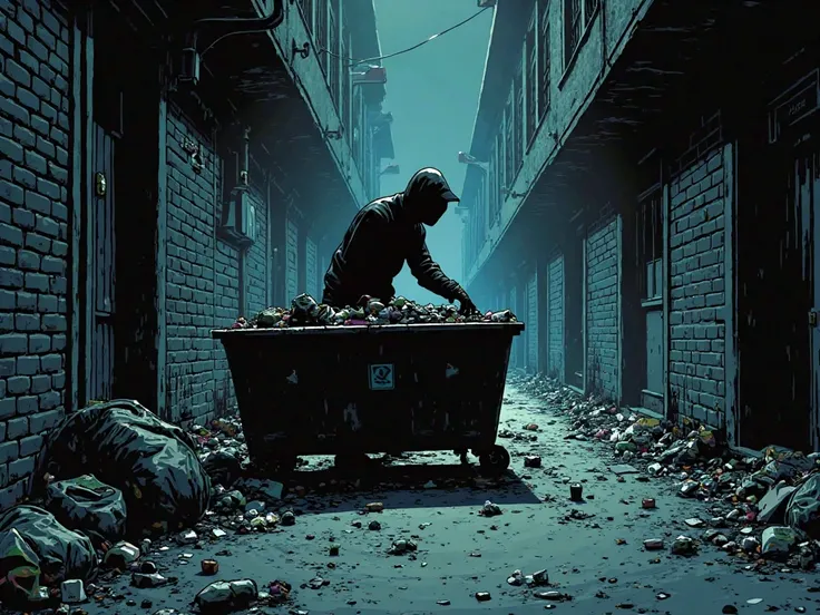 A cold, dark alleyway at night, with a barely visible figure rummaging through a dumpster. comic style