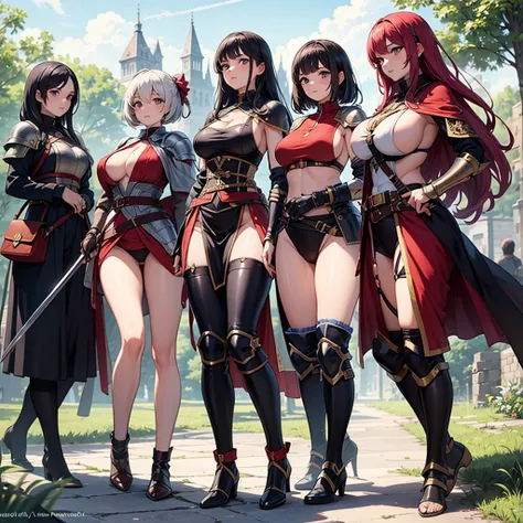 High quality, super detailed, best quality, highly detailed, beautiful, masterpiece, vibrant colors, shiny skin, perfect anatomy, female group, harem, knights, armor, medieval, fantasy, equipped with weapons, bags, pouches, big boobs, sideboob, underboob