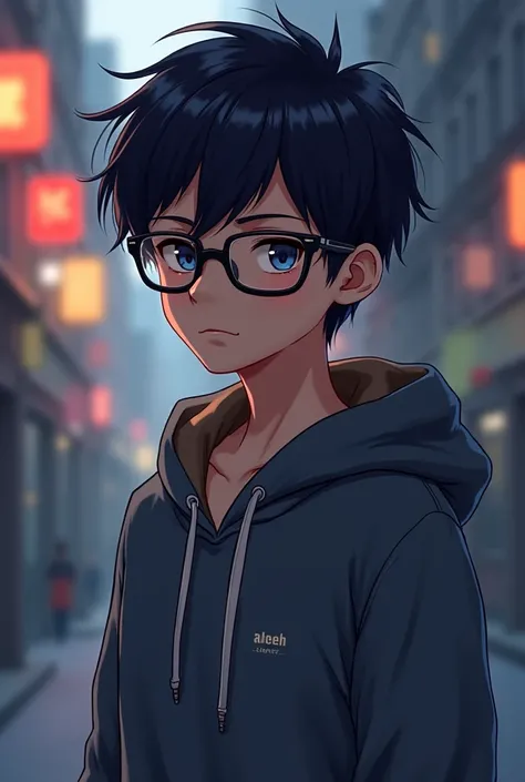 Create a anime boys character with hoodie and black glasses 