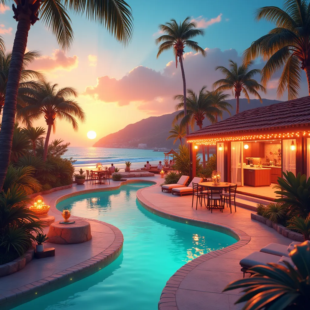 A seamless background featuring different vibrant locations smoothly blending into each other: a sunny beach, a lively poolside, a stylish rooftop, and a cozy backyard. The transitions between each scene are natural and visually connected, creating a conti...