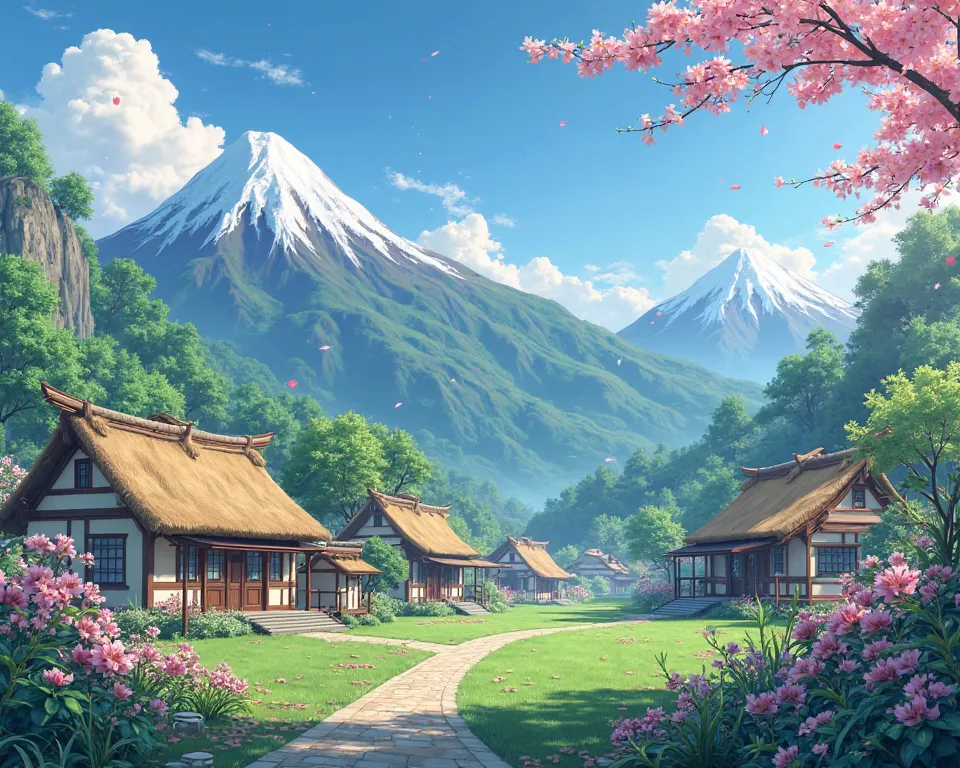 There are thatched houses in flower gardens, Japanese villages, Japanese nature, Japanese mountains