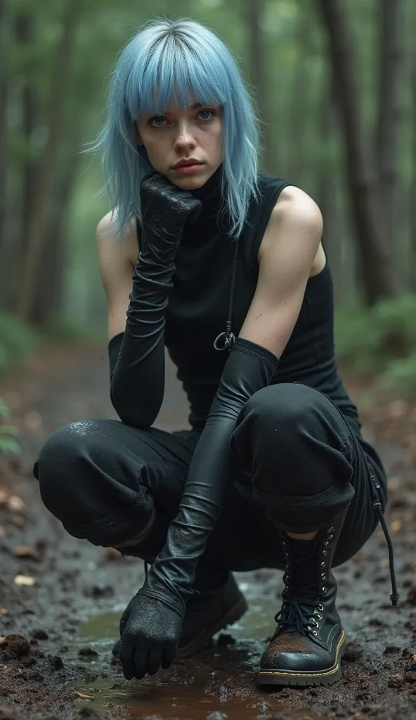 Full-length in a muddy dark forest
(Slender 18 year old boy with light blue long hair (short bangs on the front and two strands of hair up to the chin) with feminine features in a black sleeveless high-neck fitted tank top, black loose pants with large poc...