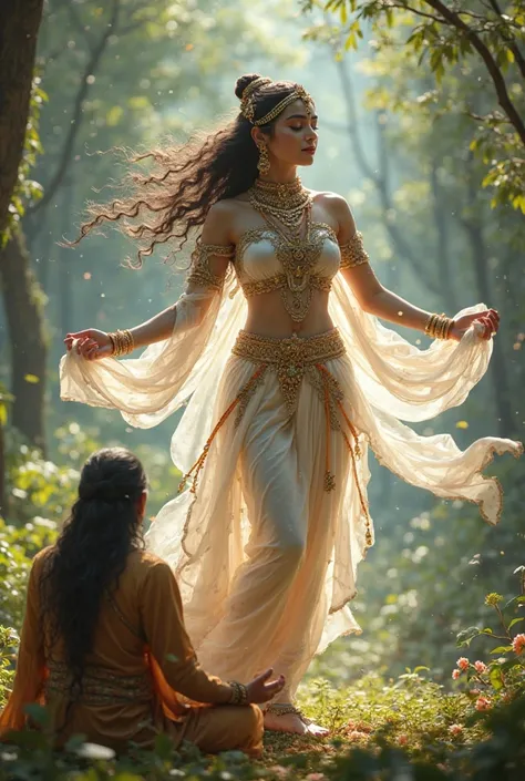 An extremely beautiful dancer sent by Lord Indra who displays her beauty and youth to disturb the penance of a sage meditating in the forest, indian, real