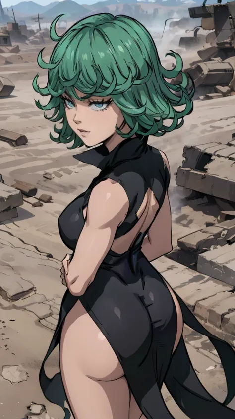 anime style,  Tatsumaki from  " One Punch Man ", green hair,  white skin,  standing on destroyed city, cinematic lights , rosy cheeks, sex,  With your back to the viewer,  shows off ass, training ground, medium breasts、sideways к зрителю, buttocks,  shows ...