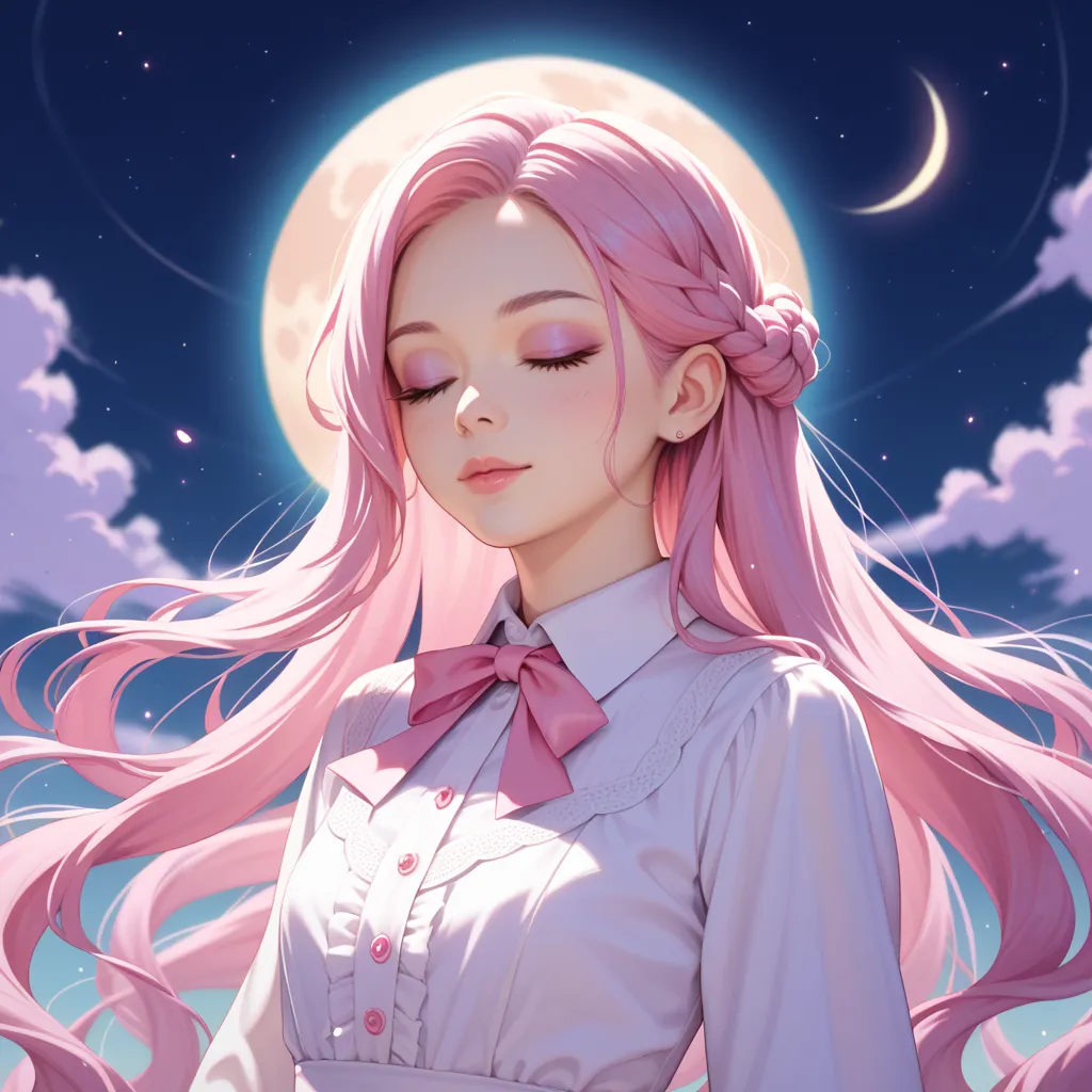  1 girl 、pink hair near MM、long hair、close your eyes、 opens his mouth slightly、full moon night、gorgeous、white collared dress、 Long Sleeve