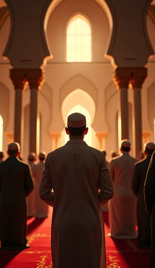 Inside a beautiful mosque, a Muslim imam leads everyone in prayer.intricate details,high quality,cinematic lighting,warm color tones,realistic portrait,detailed facial features,natural skin tones,expressive eyes,masterpiece,4k,photorealistic,studio lightin...