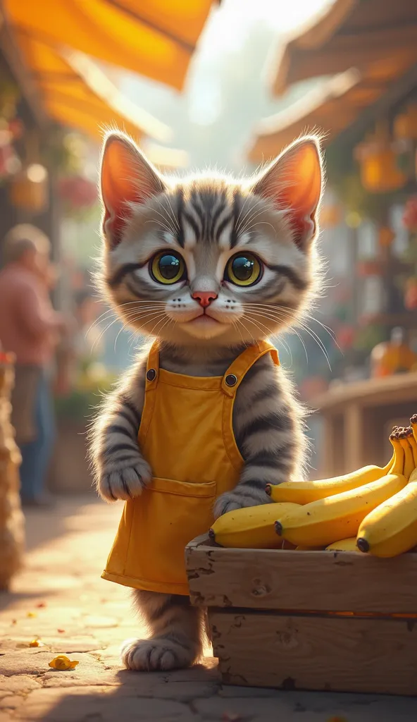 A realistic digital painting of a small American Shorthair kitten standing upright like a human, selling bananas at a lively marketplace. The kitten has big, curious eyes and soft silver tabby fur. It wears a tiny apron, slightly oversized, adding to its a...