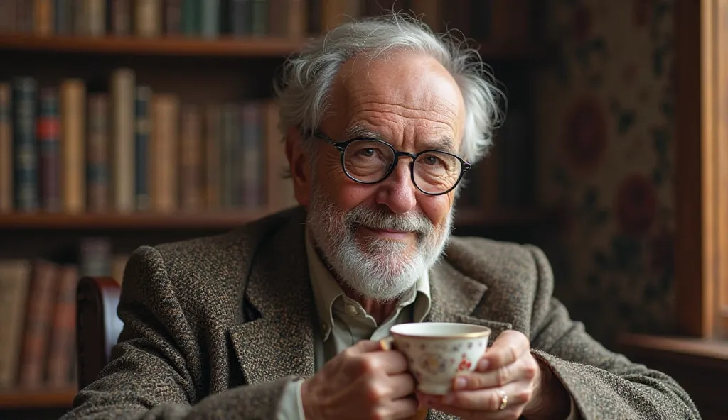 A wise, elderly man with glasses and a warm smile sits in a book-lined study, sipping tea from a delicate cup, radiating wisdom and calmness.