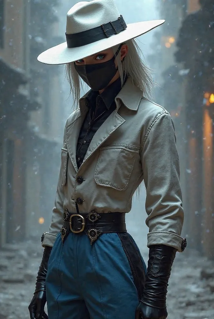  Create a game character , with a white hat , And a black collar , And a black mask , with half blue and black pants