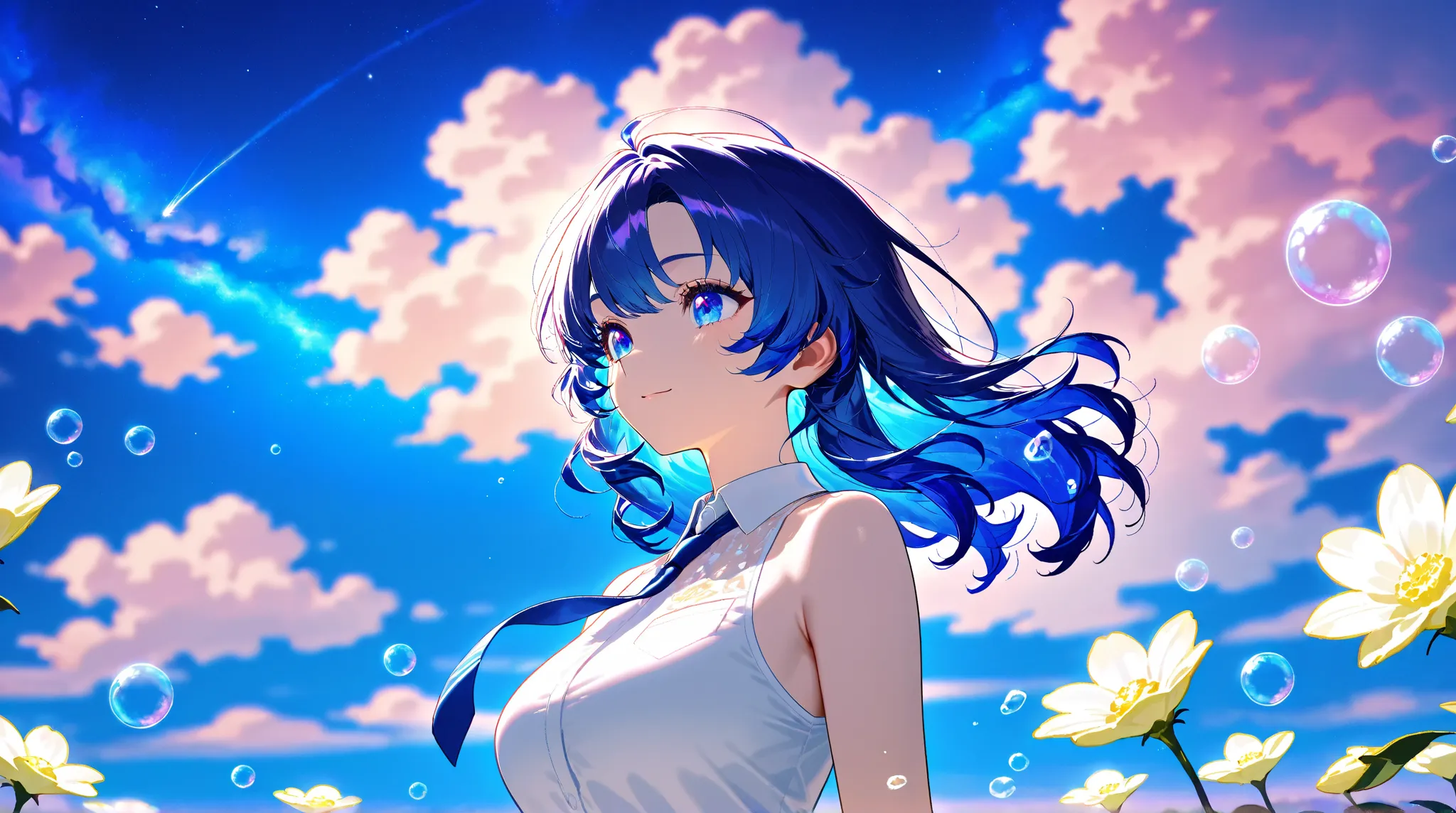 ＪＫ, flowing hair with handprints,beautiful sky from the light source,  beautiful clouds, summer， Colorful Flowers, (Transparent bubbles sparkle in the sky), masterpiece,Hi-Res,Wide Angle Lens、1 girl, Hatsune Miku, Vocaloid, blue eyes,  Lantern, long hair, ...