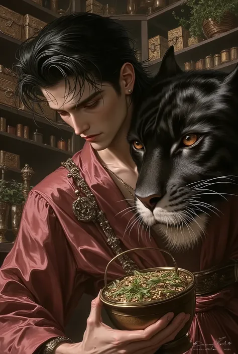 (fullbody))in jc leyendecker and paul cadmus art style, "the healer", fullbody, close up big black tiger, perfect anatomy, the merchant, shelves with HERBS, FRUITS, LITTLE BOXES, VEGETABLES, GRAINS, DUMBBELLS , reach intricate background LARGE WINDOWS TO S...