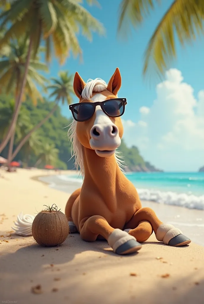 Horse on the beach sitting relaxed with a coconut in his hand and sunglasses 