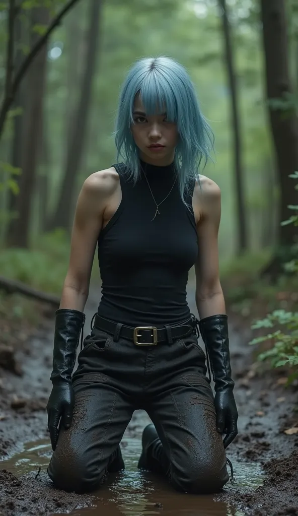 Full-length in a muddy dark forest
(Slender 18 year old boy with light blue long hair (short bangs on the front and two strands of hair up to the chin) with feminine features in a black sleeveless high-neck fitted tank top, black loose pants with large poc...