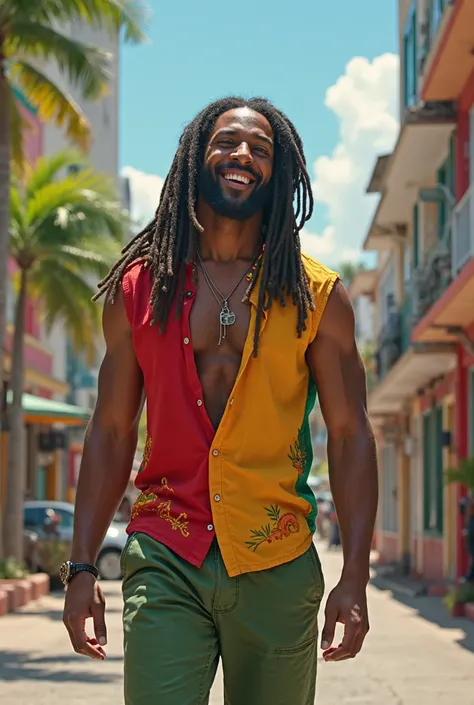 Young Black Rastafarian man wearing a red yellow and green wife beater, walking looking content and happy with his life.