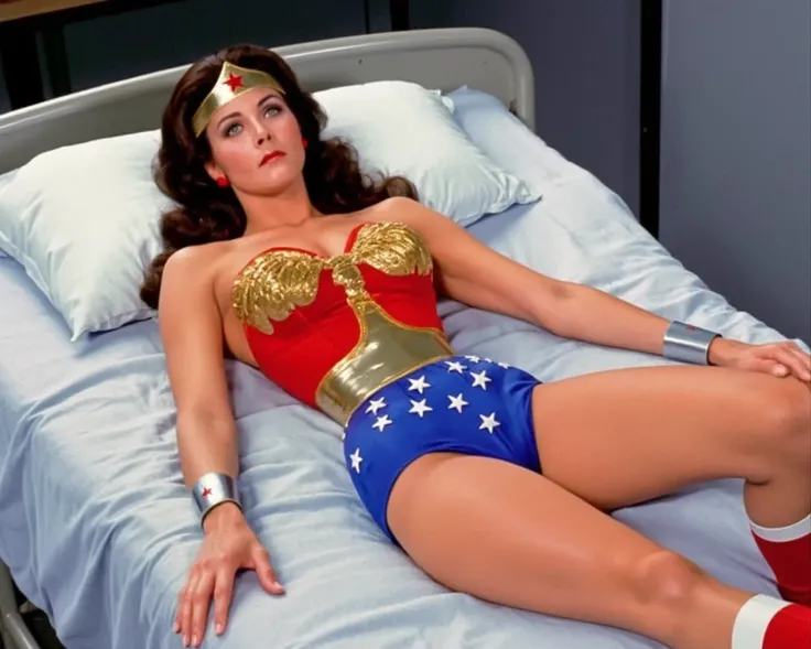 ((( Sexy Wonder Woman、    Linda Carter ))、((Wonder Woman, 薬品で気絶させられたWonder Woman, is put on a stretcher and is put to bed with her hands and legs straight、2人のナチス兵が担いだWonder Woman))、she is lying straight without moving  ((Please draw Wonder Woman lying in a...