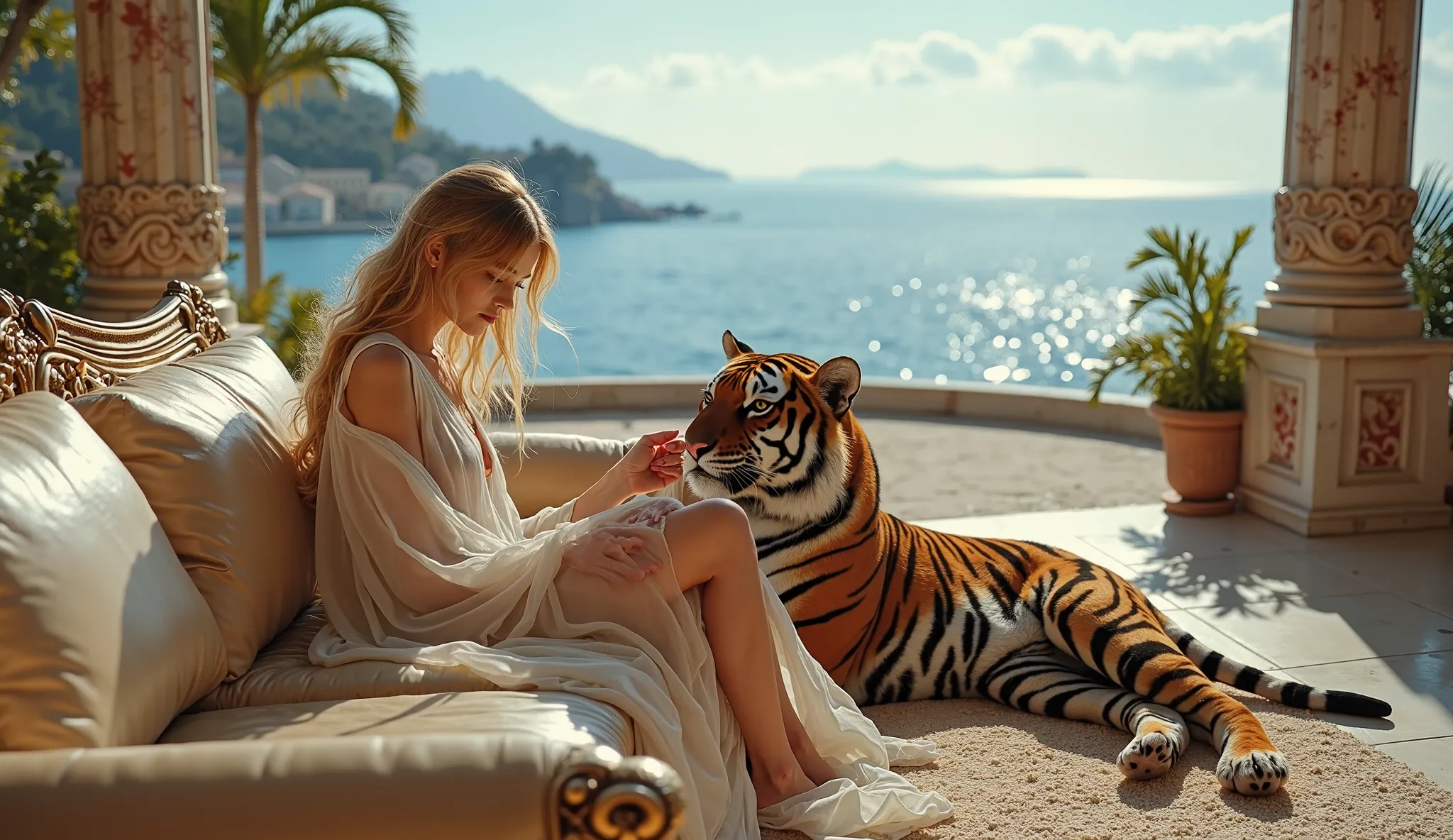 On the terrace of a palace in Monaco with a view of the Mediterranean. On a leather sofa, a beautiful girl with blond hair dressed in a transparent robe caresses a realistic tiger.  high quality 8K .