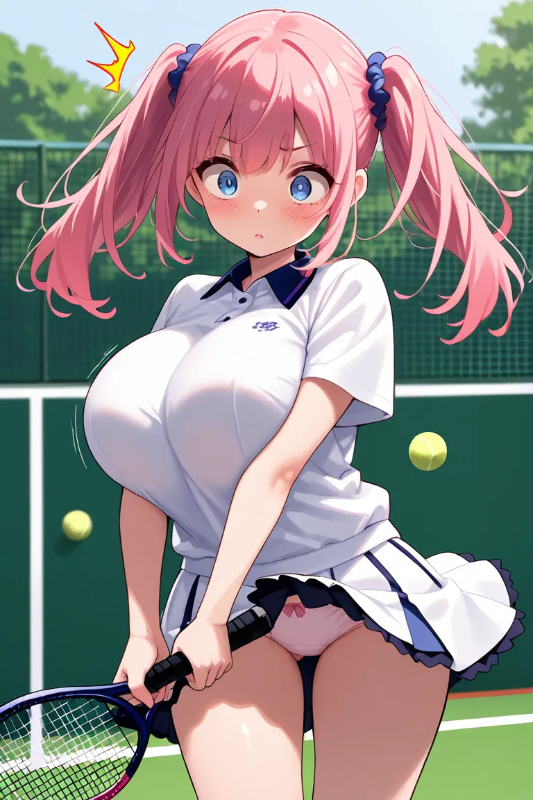 1 girl, panty shot, pink hair, twintails, playing tennis, skirt, wind lift, shy,  blush, surprised, masterpiece, big breast, fail to hit the ball