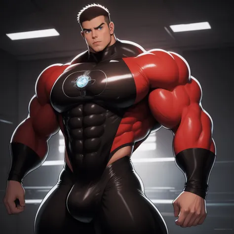 full body view, Super sweaty muscular man,  Open mouth hypnotized stare，mindless stare, Buzz Cut，Starship Enterprise Transporter Room background, Torn long-sleeved red and black collar tights that are tearing at the chest and biceps, hyper bulging jockstra...