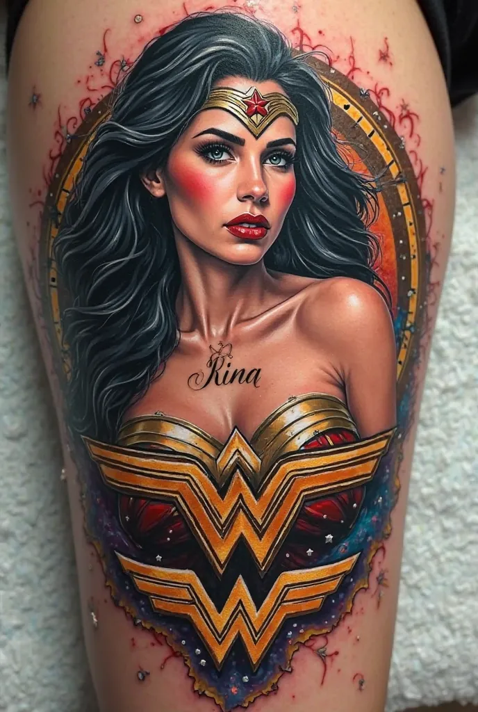 A tattoo with the word RINA with the symbol of Wonder Woman