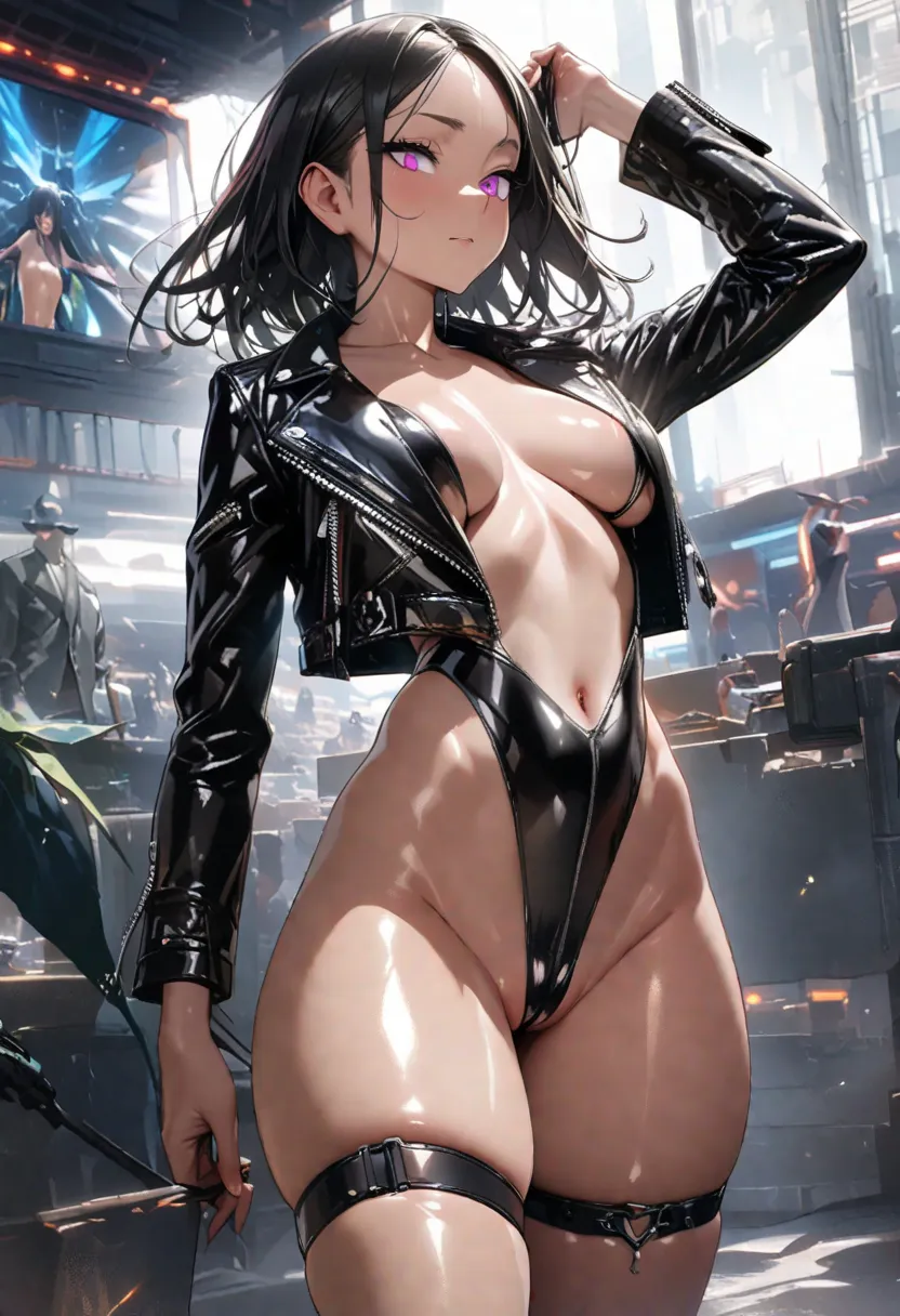 (masterpiece, best quality, highres,very detailed depiction,16K),(shiny skin,sleek skin:1.4),(shiny leather jacket,V-front leather swimwear),dewy skin,revealing clothing,leg ring,very detailed pelvis,Groin,very detailed inguinal area,lower abdomen,lower be...