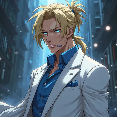 anime man, golden hair, messy ponytail light blue eyes, scar left of the mouth, white suit with blue highlights