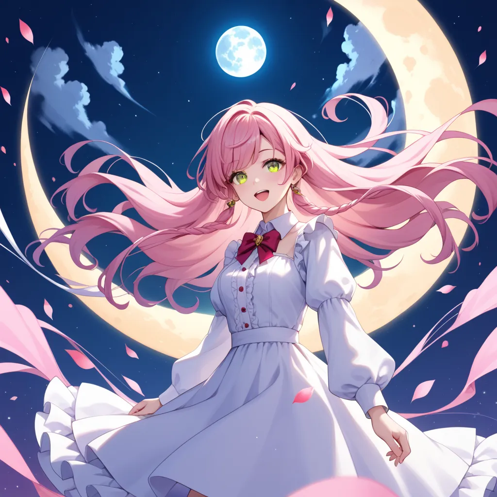  1 girl 、pink hair near MM、long hair、browneyes、 opens his mouth slightly、full moon night、gorgeous、white collared dress、 Long Sleeve