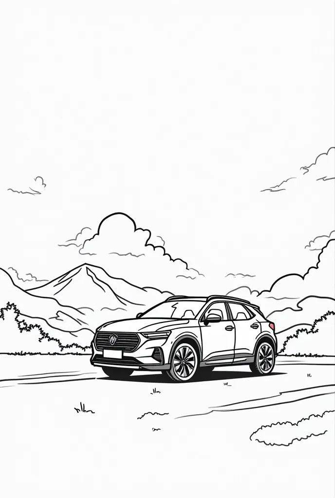 Imagine a coloring page for s featuring a coloring page for s, a modern car without people, cartoon style with bold, thick lines and minimal details, set against a crisp white background in striking black and white hues, devoid of shading to allow young ar...