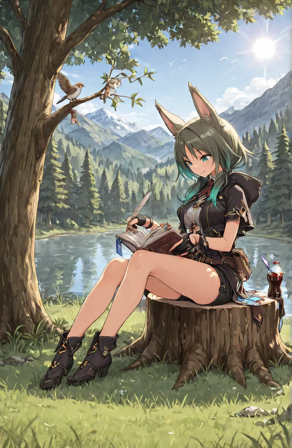 masterpiece, The best quality,, 1 girl, Sitting, animal, animal ears,  bird , negro_hair, book, bookmark, branch, Gloves, grass, green hair, supporting, supporting book, hood, hood down, move, looking at the spectator, multicolored hair, open_book, partial...