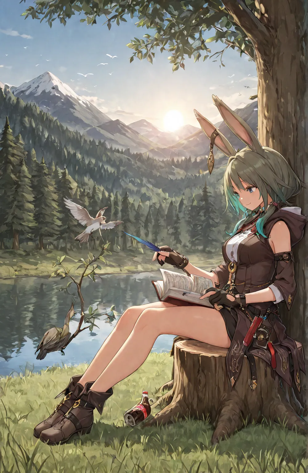 masterpiece, The best quality,, 1 girl, Sitting, animal, animal ears,  bird , negro_hair, book, bookmark, branch, Gloves, grass, green hair, supporting, supporting book, hood, hood down, move, looking at the spectator, multicolored hair, open_book, partial...