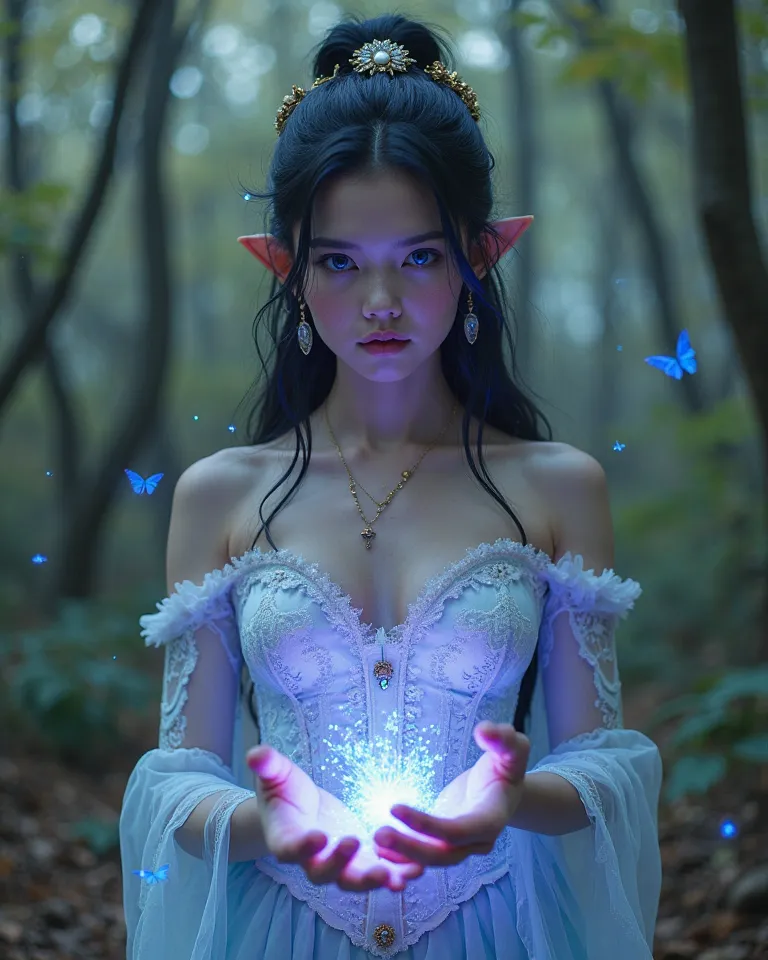 High Resolution, Cinematic, Photorealistic, Portrait Photography of a short (5’3”) and petite 19-year-old female faerie with the build of a ballerina and slightly pointed ears, with richly white pale porcelain skin and GLOWING BLUE EYES. 

She wears an int...