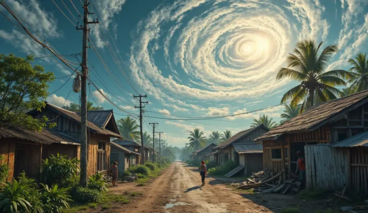 A strong typhoon approaching the Philippines as seen from satellite view. Below, a local village shows Filipinos helping each other rebuild houses with a hopeful spirit after a storm. The sun is shining, and s are playing in the background, symbolizing res...