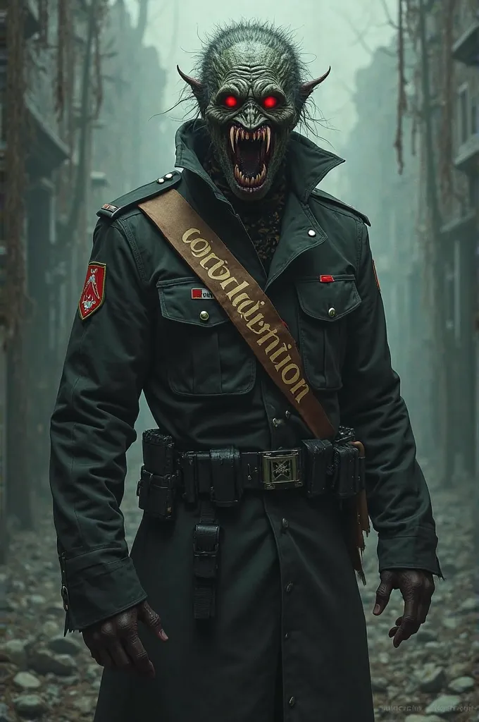 A modern military man with a monster's face and a sash on his arm written " Coordination  " in a dark and terrifying place 