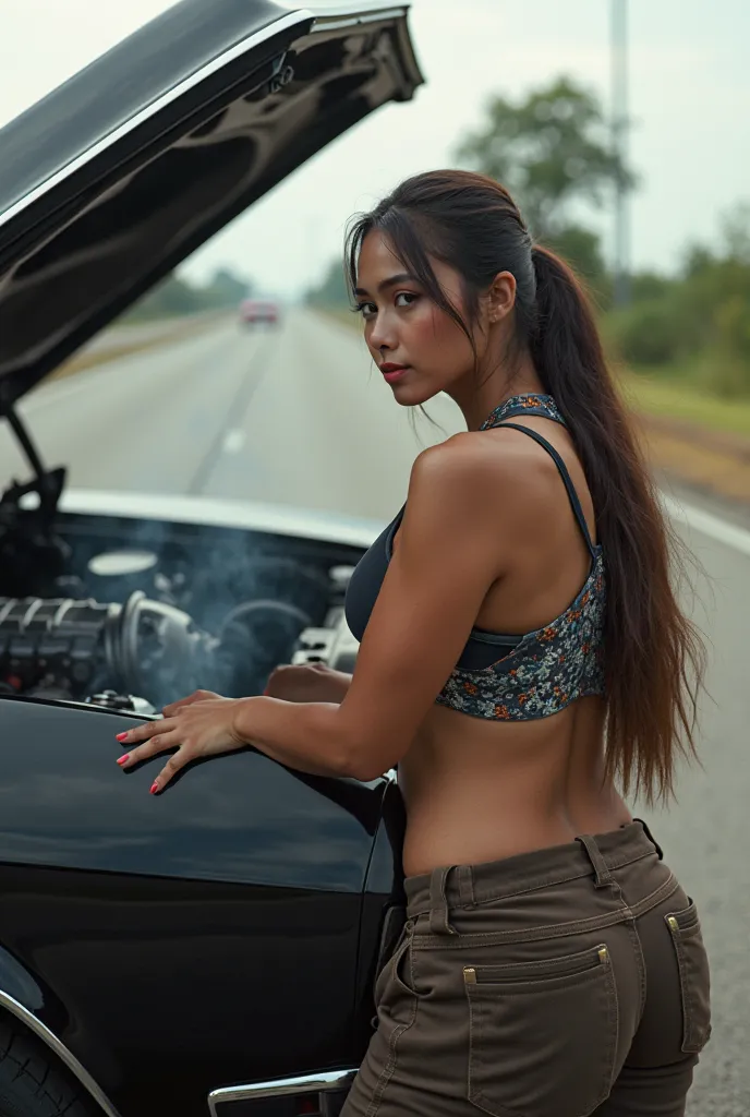 (photorealism:1.2), Full body view. A classic Musclecar, being repaired by 32 year old beautiful Indonesian chubby curvy female mechanic, smiling, Repairing an engine with heavy smoke, Sweaty, big arms, big-breast round shape breast, perfect body woman wit...