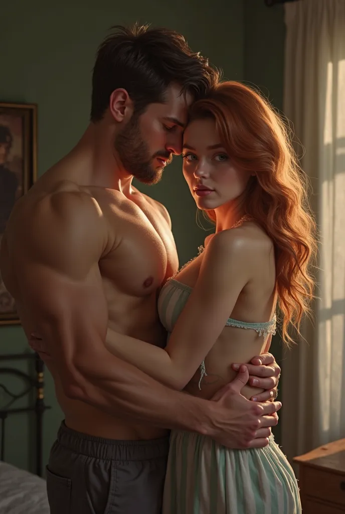 White girl with green eyes and wavy hair being penetrated by muscular man 