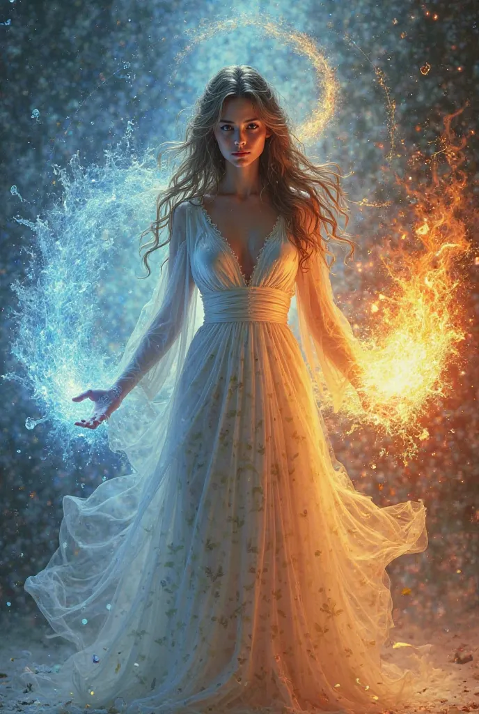 A picture of a simple character holding fire in one hand and an ice in her other hand