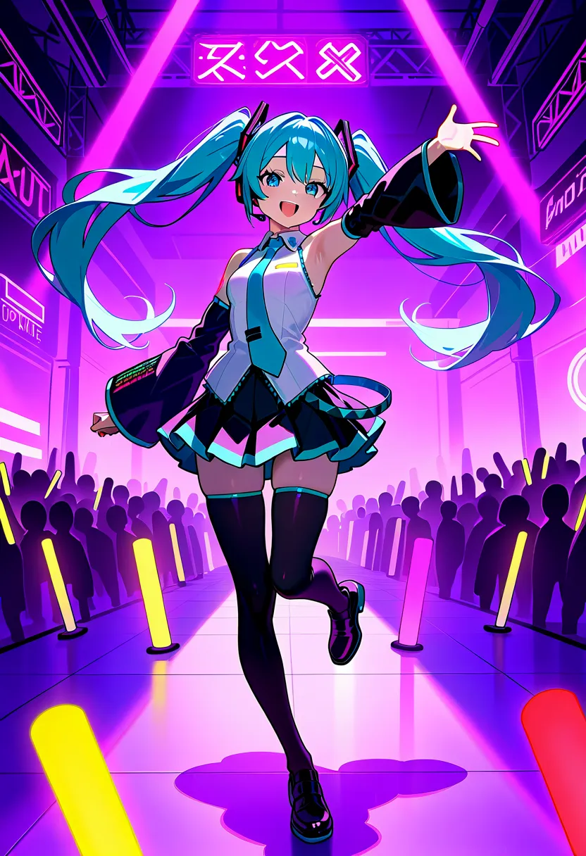 A highly detailed and vibrant illustration of Hatsune Miku joyfully performing at a karaoke event. She is smiling brightly, full of energy and excitement, singing into a high-tech microphone while engaging with the audience. Her outfit closely resembles he...