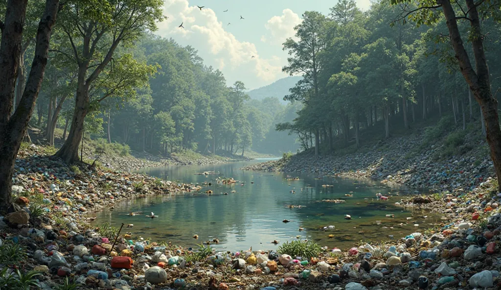 garbage piled up and dirty in a lake surrounded by forests and big trees