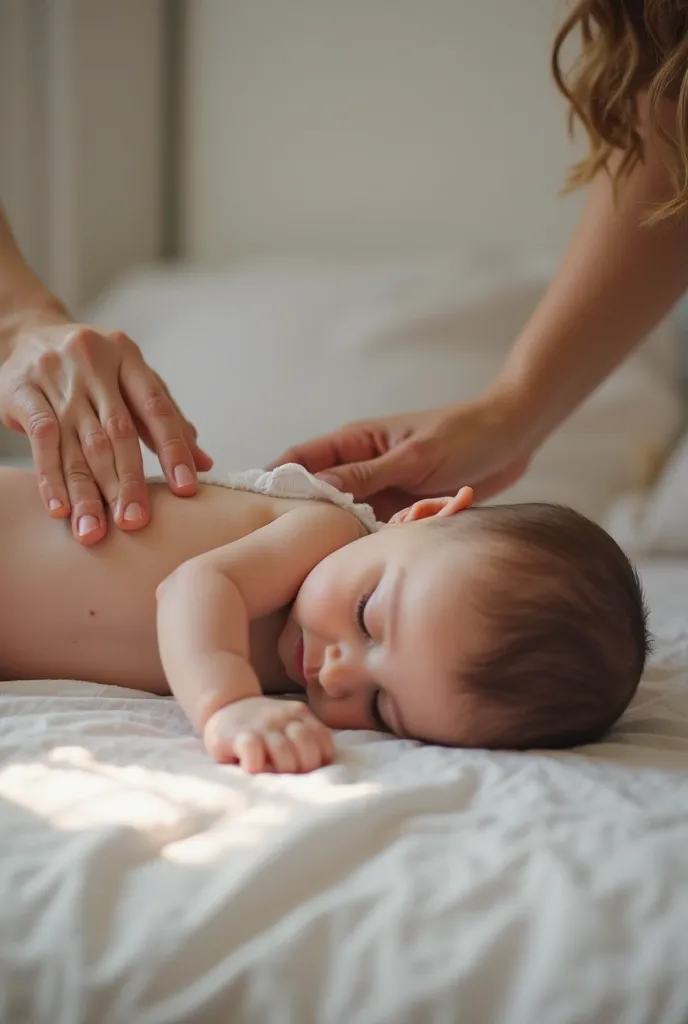 A  American boy，Lie down on the bed without clothes，Mom uses her hands to apply lotion to baby's back，To help a baby wipe the lotion，The photos are very realistic and realistic