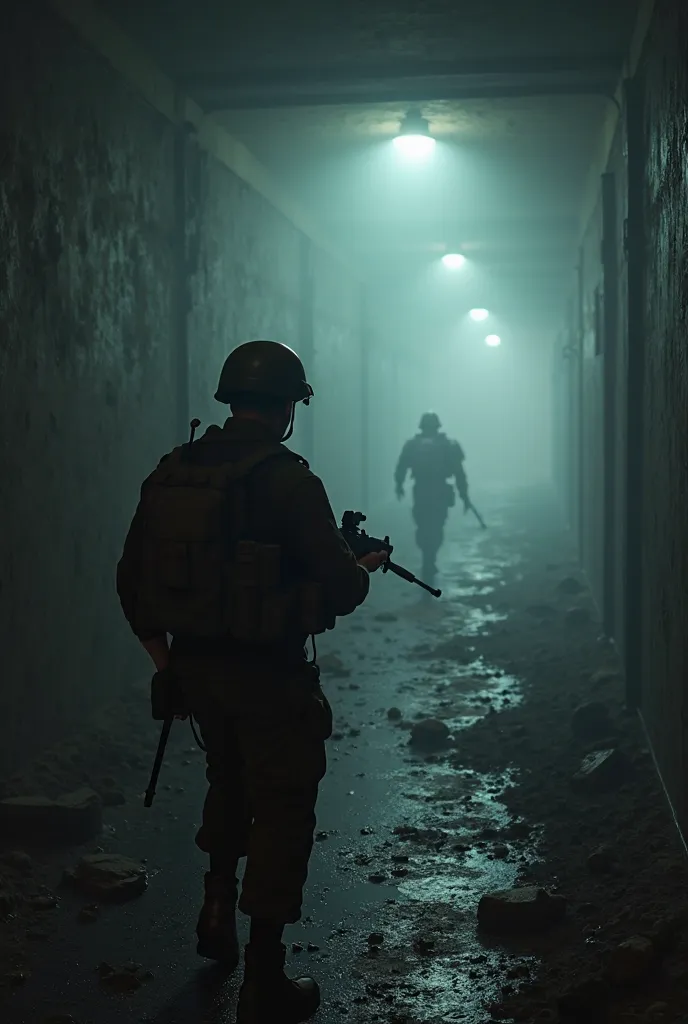 An ultra-realistic point-of-view (POV) image, capturing the first-person perspective of soldiers entering a dark, eerie bunker. The scene is shrouded in smoke, making everything appear hazy and tense. A shadowy silhouette of an enemy can be faintly seen in...