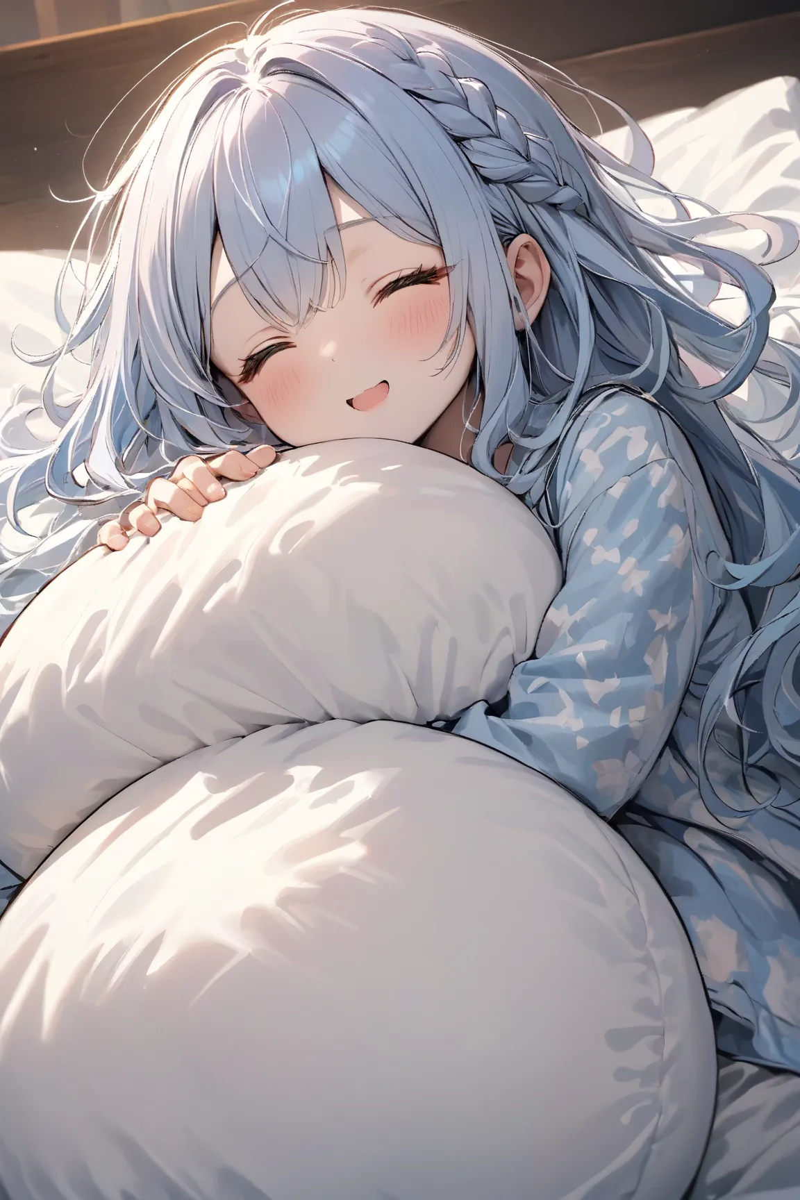 okmc,a cute girl:0.7\(french braid hair on top,light blue hair, long hair, fluffy hair,french braid hair on top,white skin,closed-eyes:1.5,no nose,small mouth,open mouth:1.5\),she sleeps with fluffy body pillow,ongr mark\(Japanese rice ball pattern\) is pr...