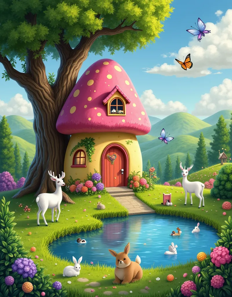 A whimsical scene set in a vibrant, enchanted forest, featuring a large, colorful house with a rounded, mushroom-like roof nestled between two giant trees. In the foreground, a serene pond reflects the surroundings, surrounded by playful white deer and var...