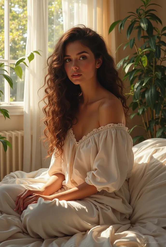 (photorealism:1.2), beautiful woman, sitting on bed, wearing loose off-shoulder top, pajama pants, long curly hair, indoors, soft lighting, plants in background, window with sunlight, cozy room, relaxed pose, realistic, intricate details, warm colors, by G...