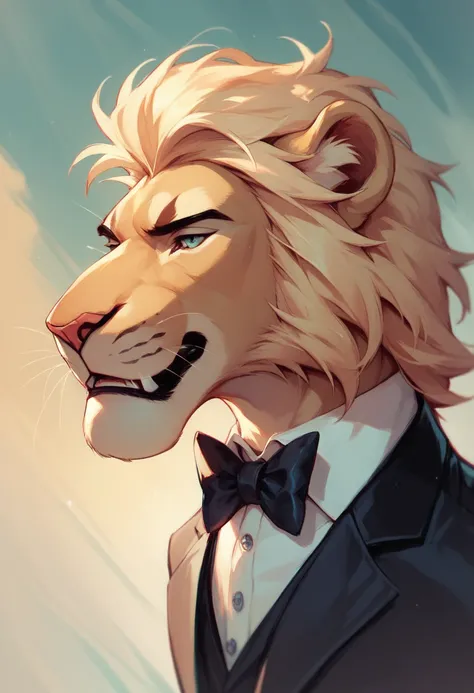 Create a lion in a tuxedo suit, this in the form of an abstract figurative painting 