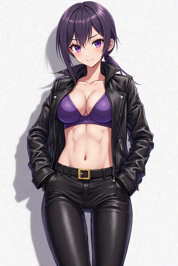  anime character, single character, leather pants, belt, with a pair of tight high boots, androgynous, boots, posing for a picture, black shiny leather, violet bra, bellybutton, crotch, Anime character, dark purple hair, violet eyes, closed mouth, leather ...